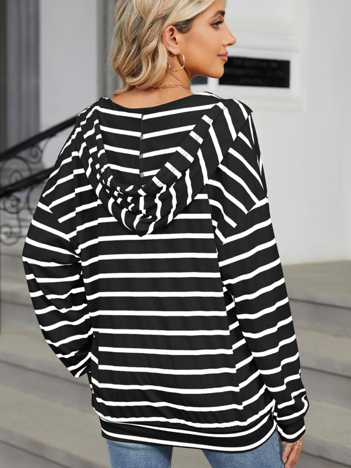 Drawstring Striped Long Sleeve Hoodie - Loulou Boutique