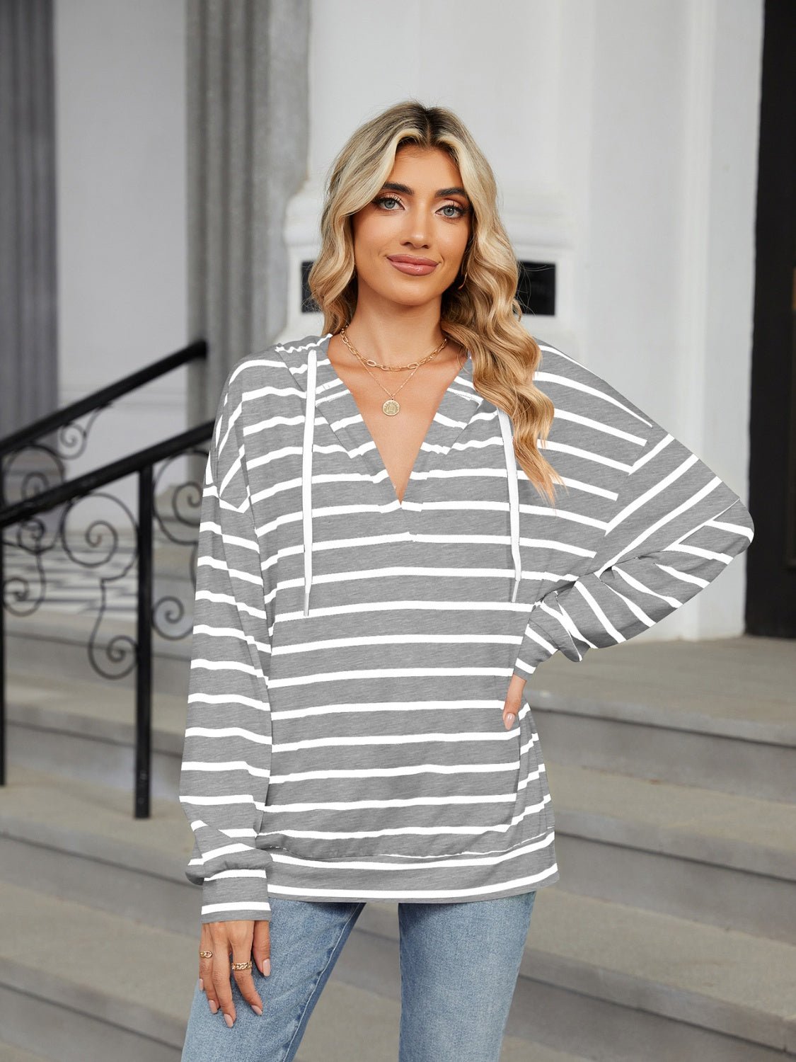 Drawstring Striped Long Sleeve Hoodie - Loulou Boutique