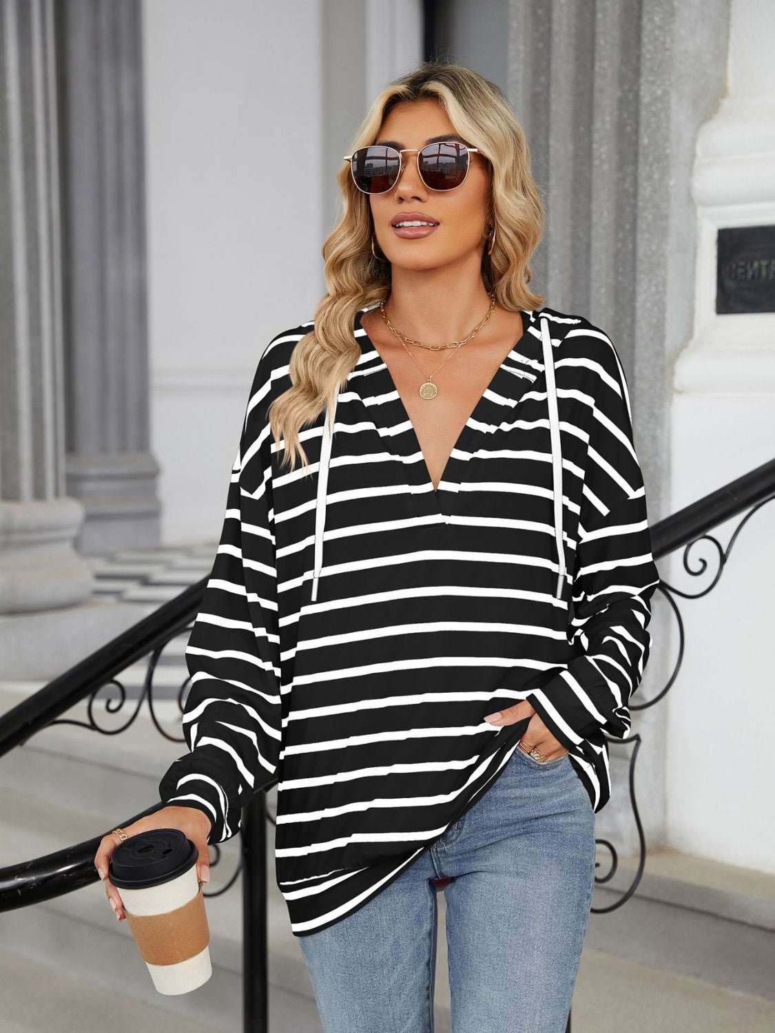 Drawstring Striped Long Sleeve Hoodie - Loulou Boutique