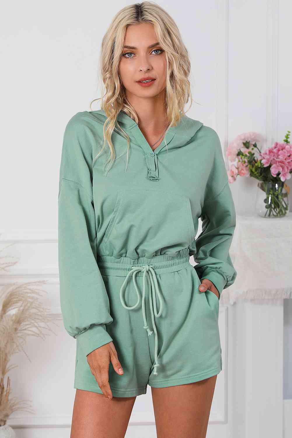 Drawstring Waist Hooded Romper with Pockets - Loulou Boutique