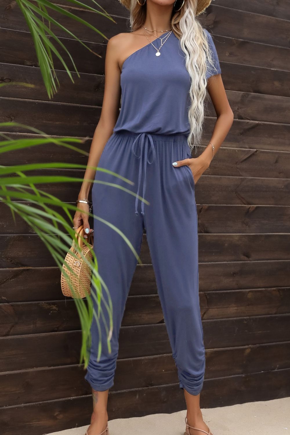 Drawstring Waist One - Shoulder Jumpsuit with Pockets - Loulou Boutique