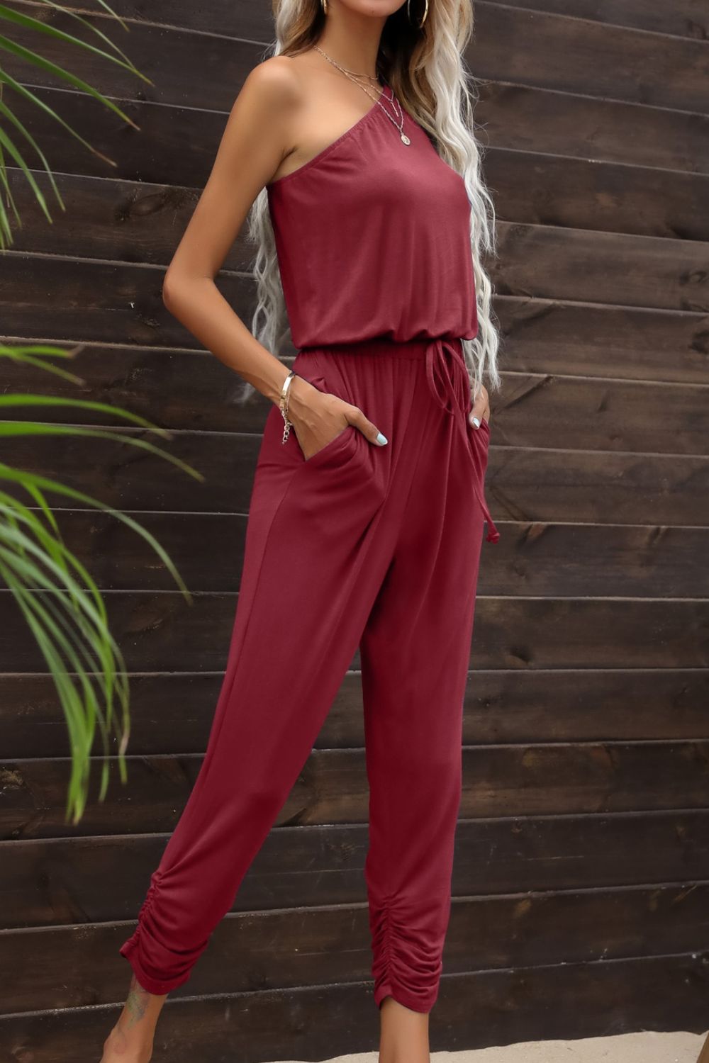 Drawstring Waist One - Shoulder Jumpsuit with Pockets - Loulou Boutique