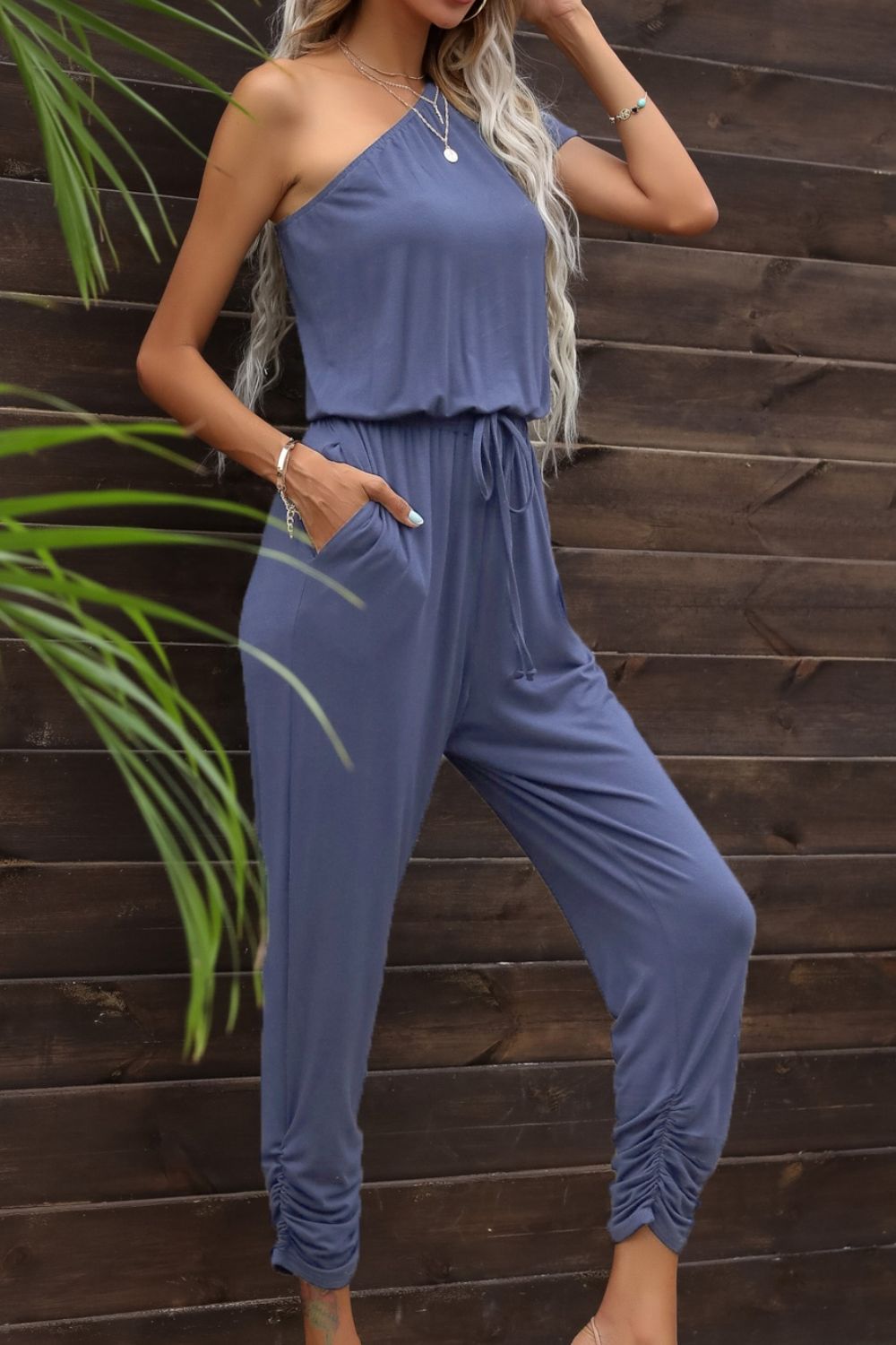 Drawstring Waist One - Shoulder Jumpsuit with Pockets - Loulou Boutique