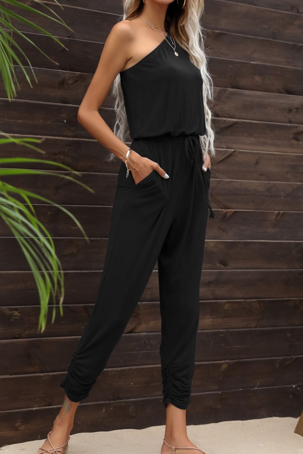 Drawstring Waist One - Shoulder Jumpsuit with Pockets - Loulou Boutique