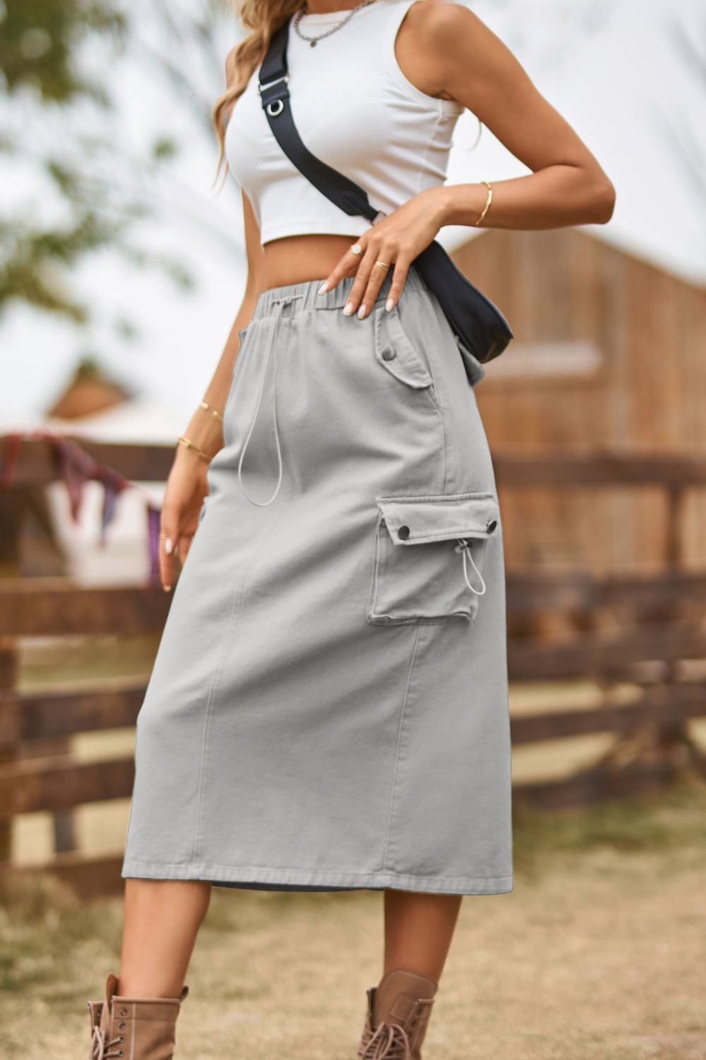 Drawstring Waist Slit Denim Skirt - Loulou Boutique