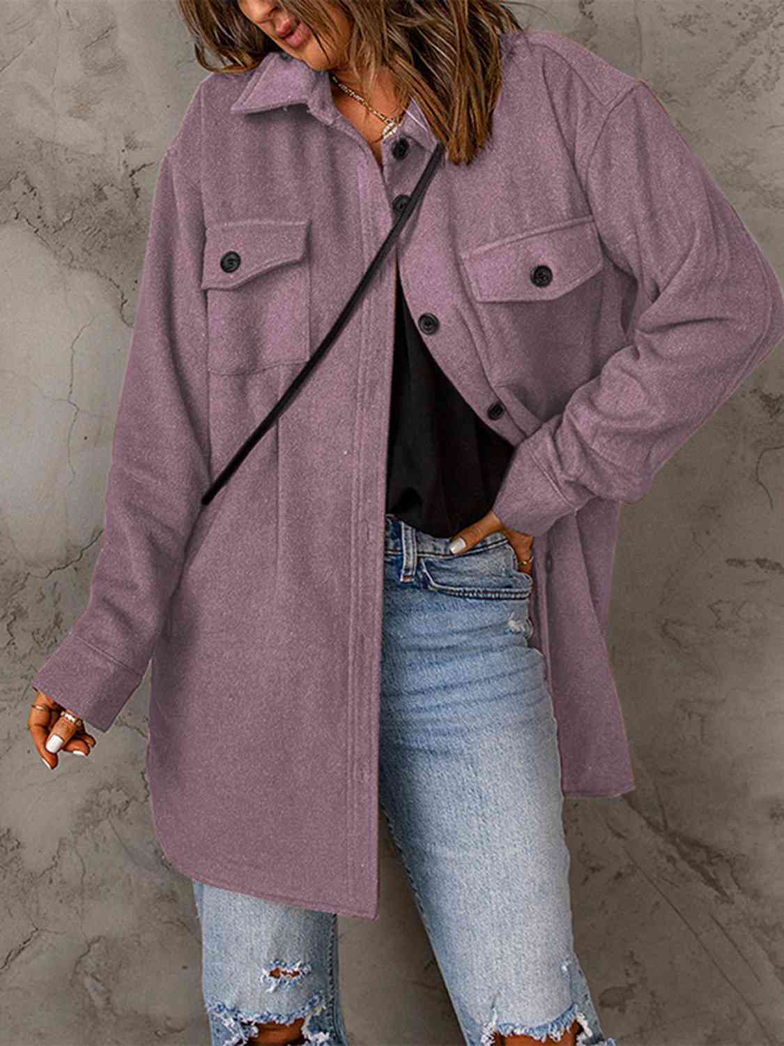 Drop Shoulder Button Down Collared Coat - Loulou Boutique