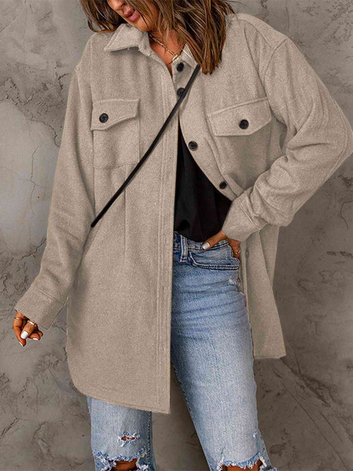 Drop Shoulder Button Down Collared Coat - Loulou Boutique