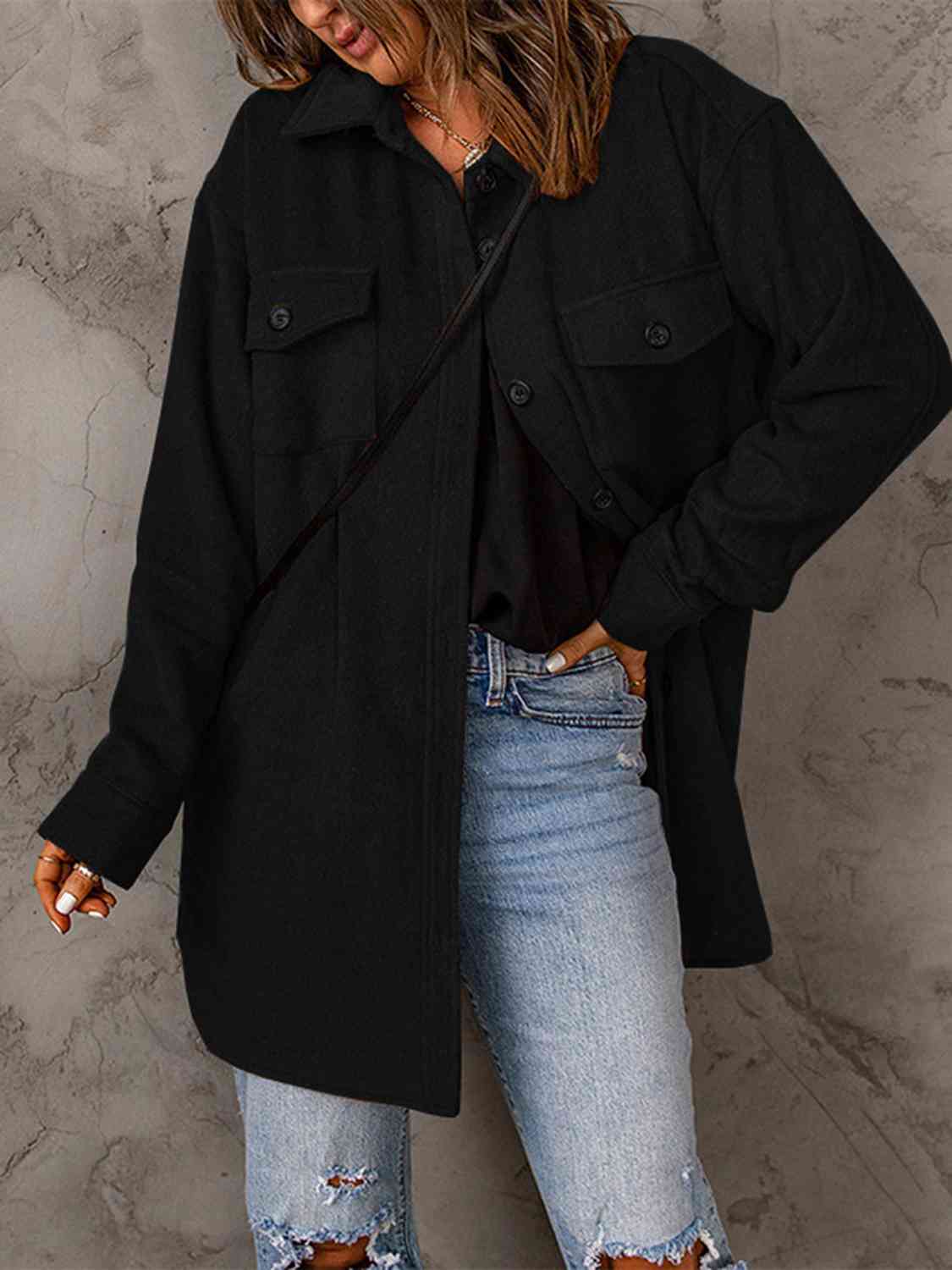 Drop Shoulder Button Down Collared Coat - Loulou Boutique