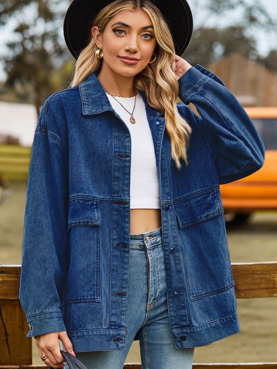 Dropped Shoulder Denim Jacket with Pockets - Loulou Boutique