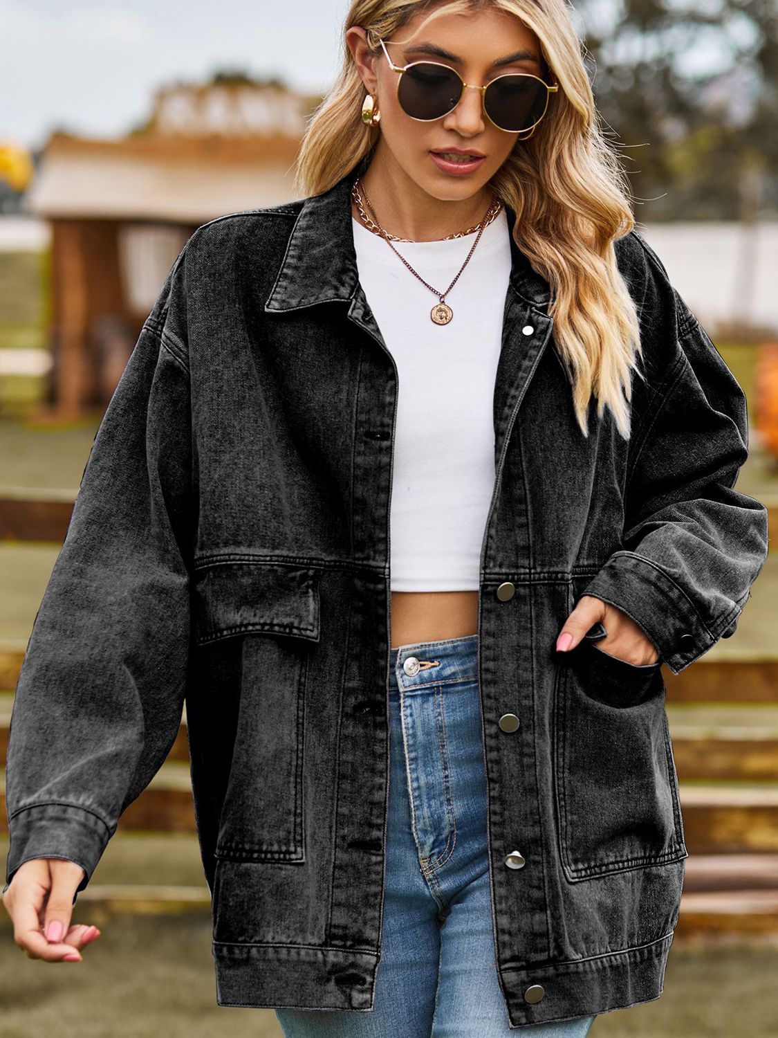 Dropped Shoulder Denim Jacket with Pockets - Loulou Boutique