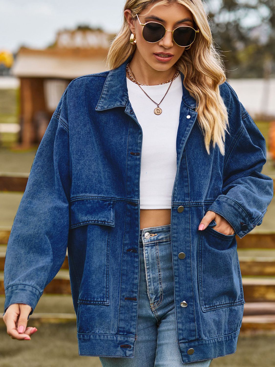 Dropped Shoulder Denim Jacket with Pockets - Loulou Boutique