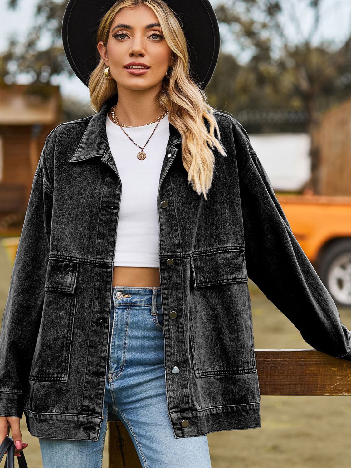 Dropped Shoulder Denim Jacket with Pockets - Loulou Boutique