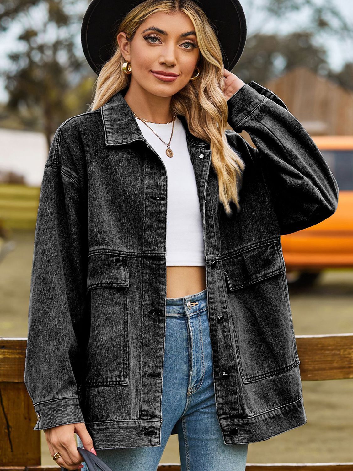 Dropped Shoulder Denim Jacket with Pockets - Loulou Boutique