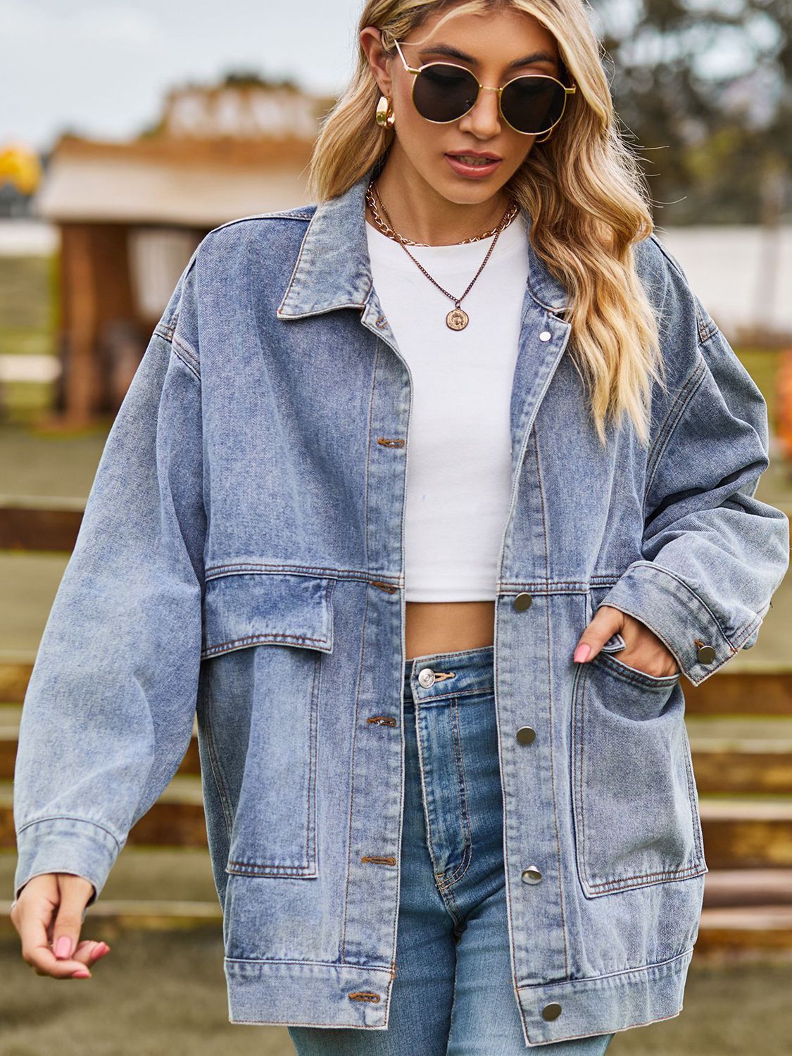 Dropped Shoulder Denim Jacket with Pockets - Loulou Boutique