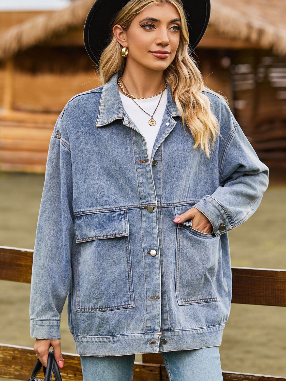 Dropped Shoulder Denim Jacket with Pockets - Loulou Boutique