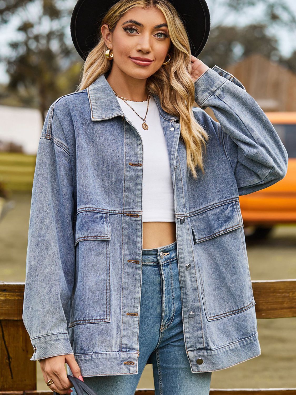 Dropped Shoulder Denim Jacket with Pockets - Loulou Boutique