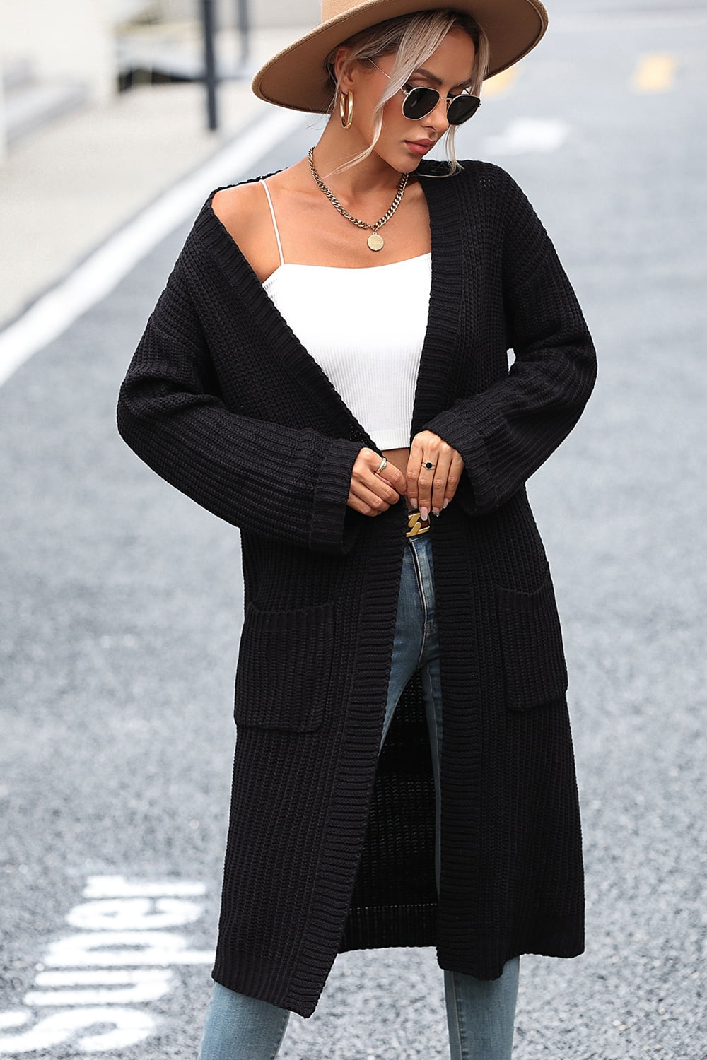 Dropped Shoulder Long Sleeve Cardigan with Pocket - Loulou Boutique
