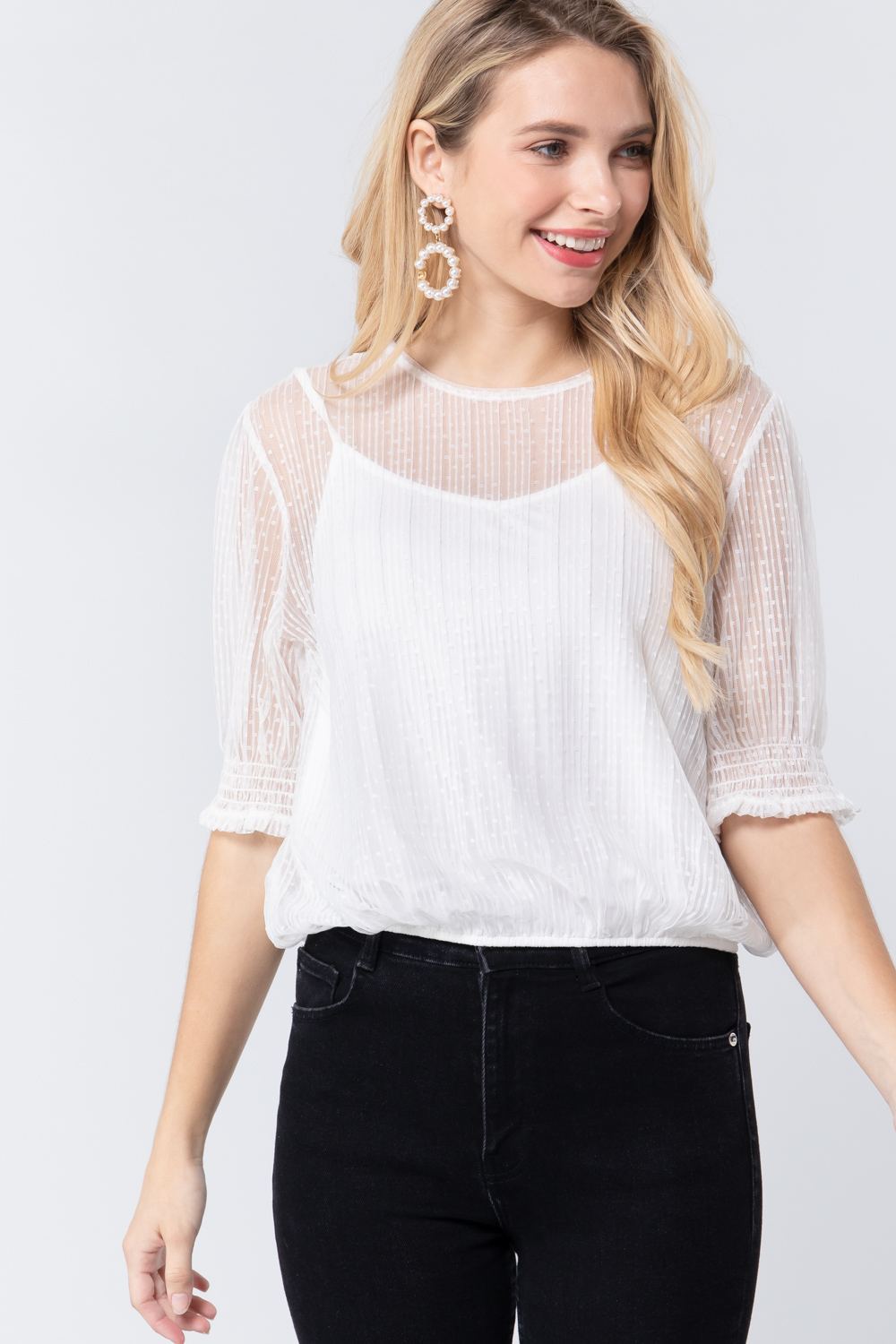 Elbow Slv Dot Mesh Top W/inner Cami - Loulou Boutique