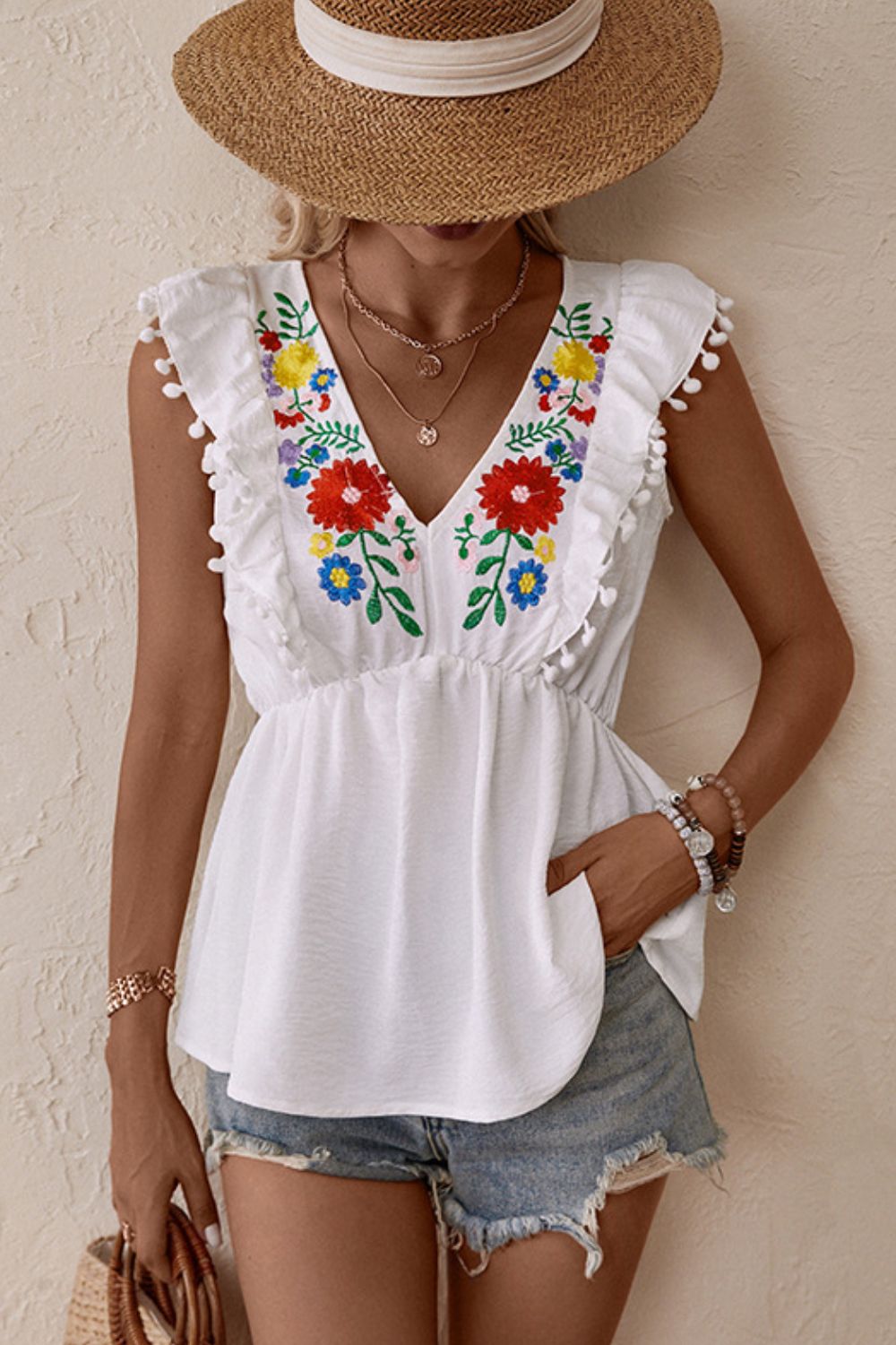 Embroidered Pom - Pom Trim Cap Sleeve Babydoll Top - Loulou Boutique