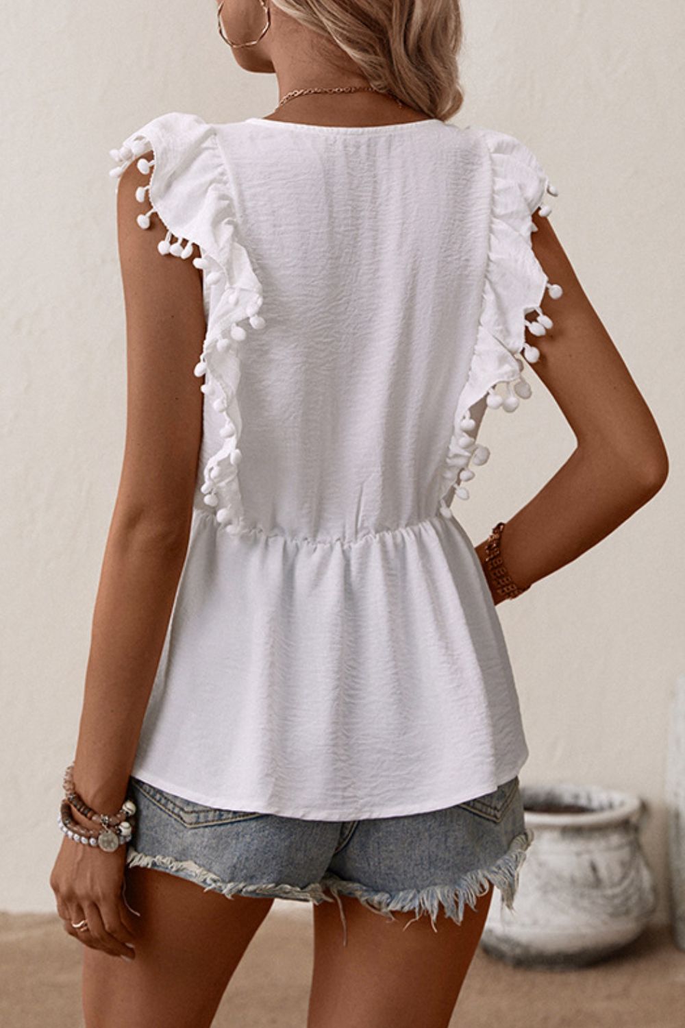 Embroidered Pom - Pom Trim Cap Sleeve Babydoll Top - Loulou Boutique