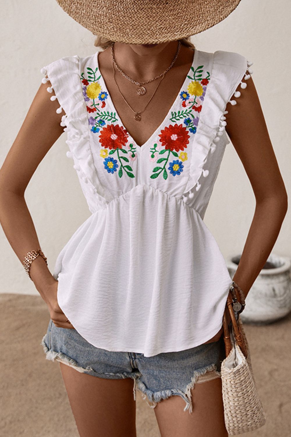 Embroidered Pom - Pom Trim Cap Sleeve Babydoll Top - Loulou Boutique