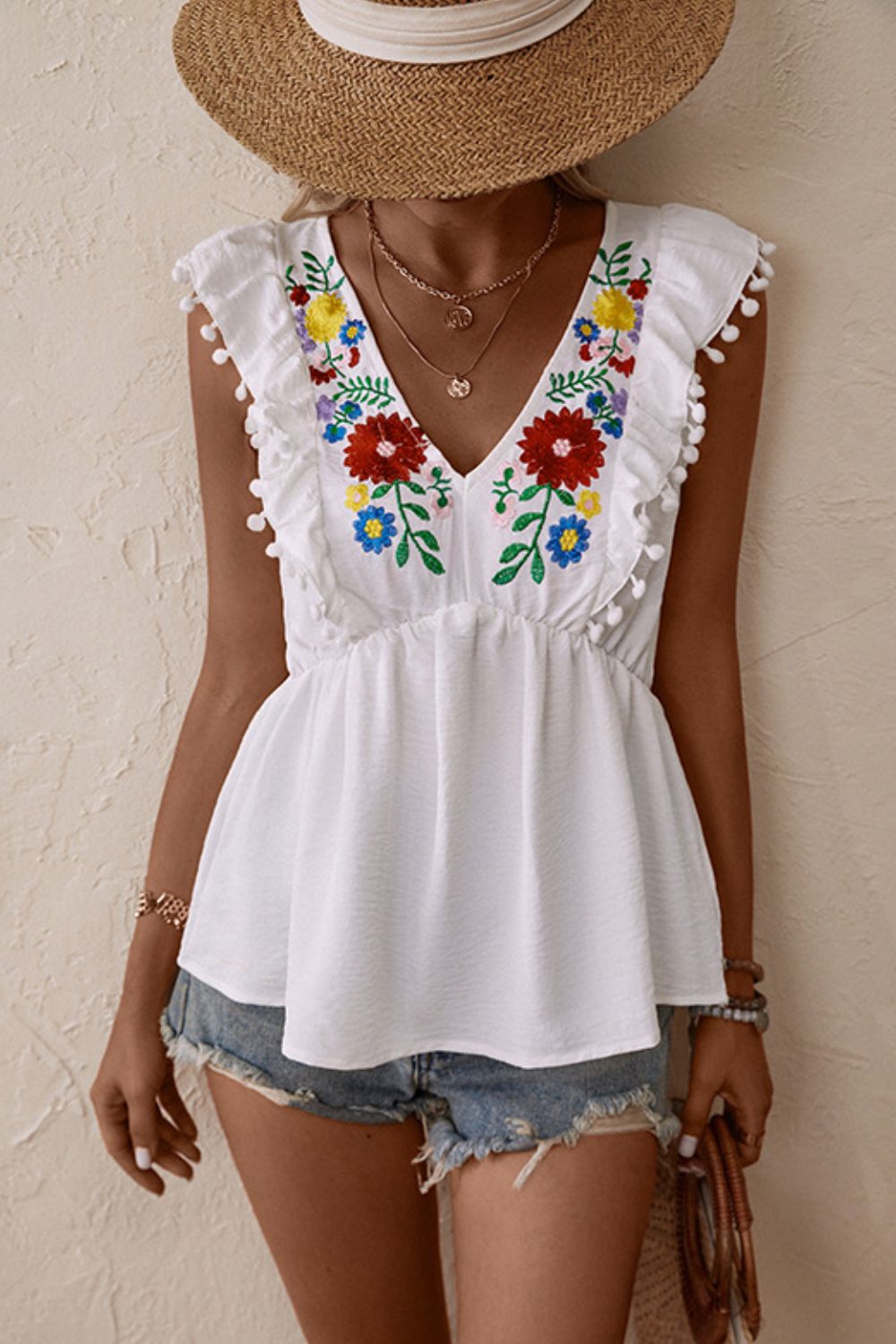 Embroidered Pom - Pom Trim Cap Sleeve Babydoll Top - Loulou Boutique