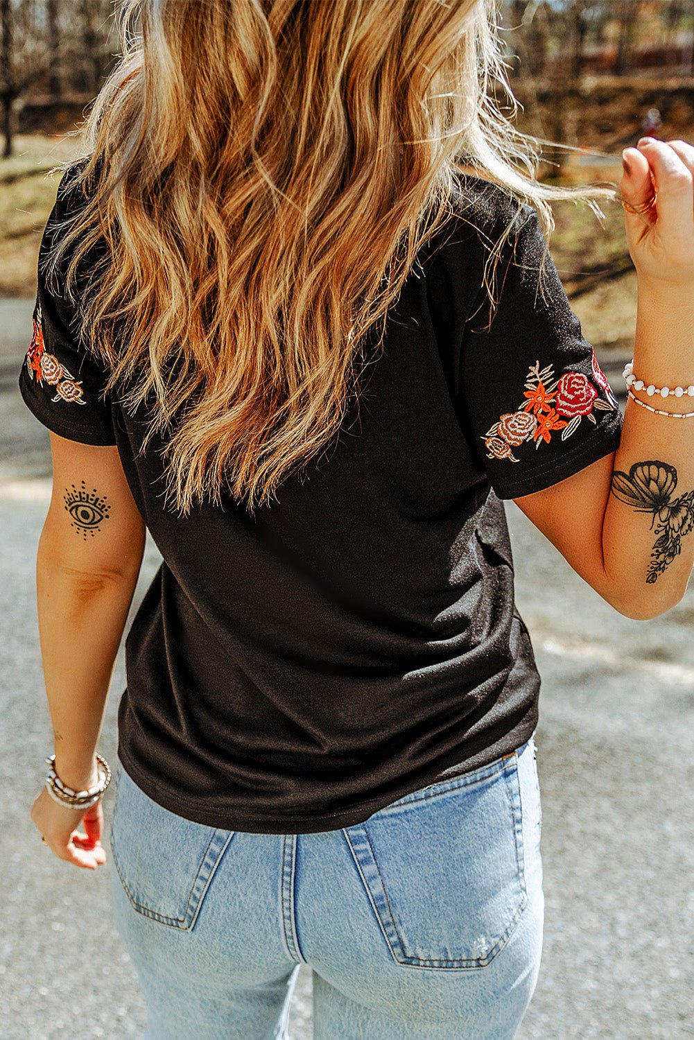 Embroidered Round Neck Tee Shirt - Loulou Boutique