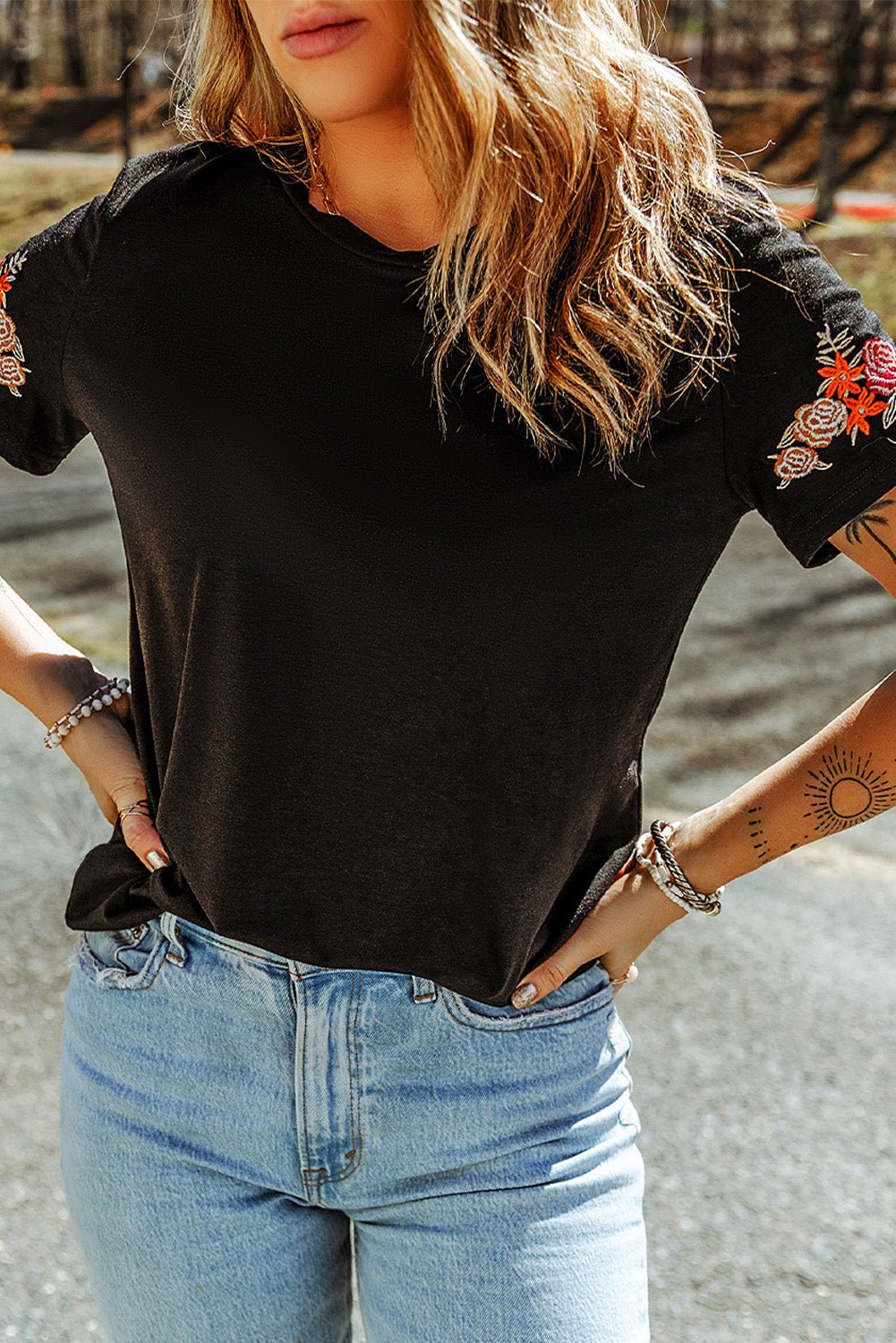 Embroidered Round Neck Tee Shirt - Loulou Boutique