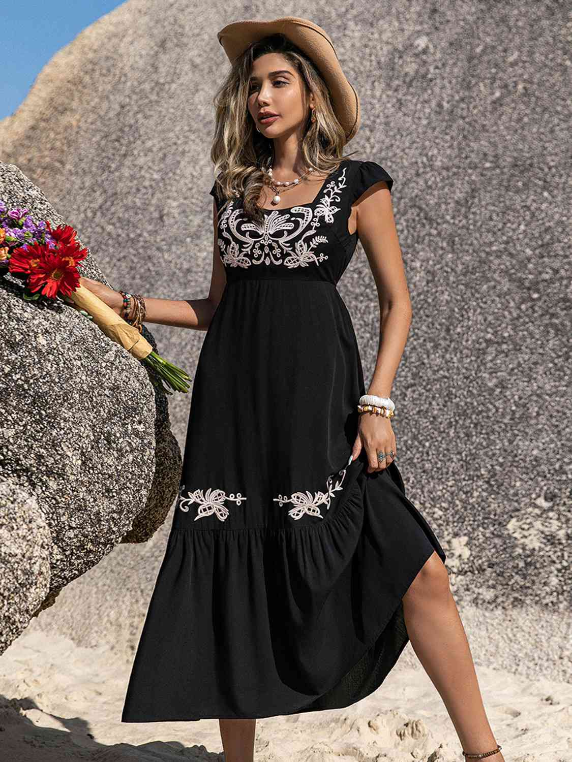 Embroidered Square Neck Ruffle Hem Dress - Loulou Boutique