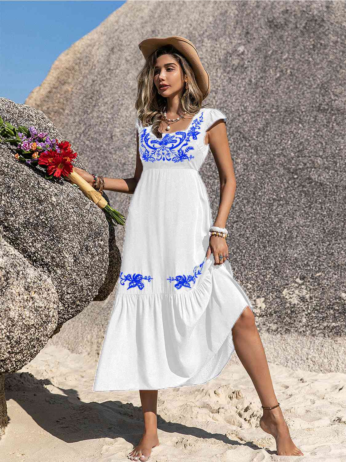 Embroidered Square Neck Ruffle Hem Dress - Loulou Boutique