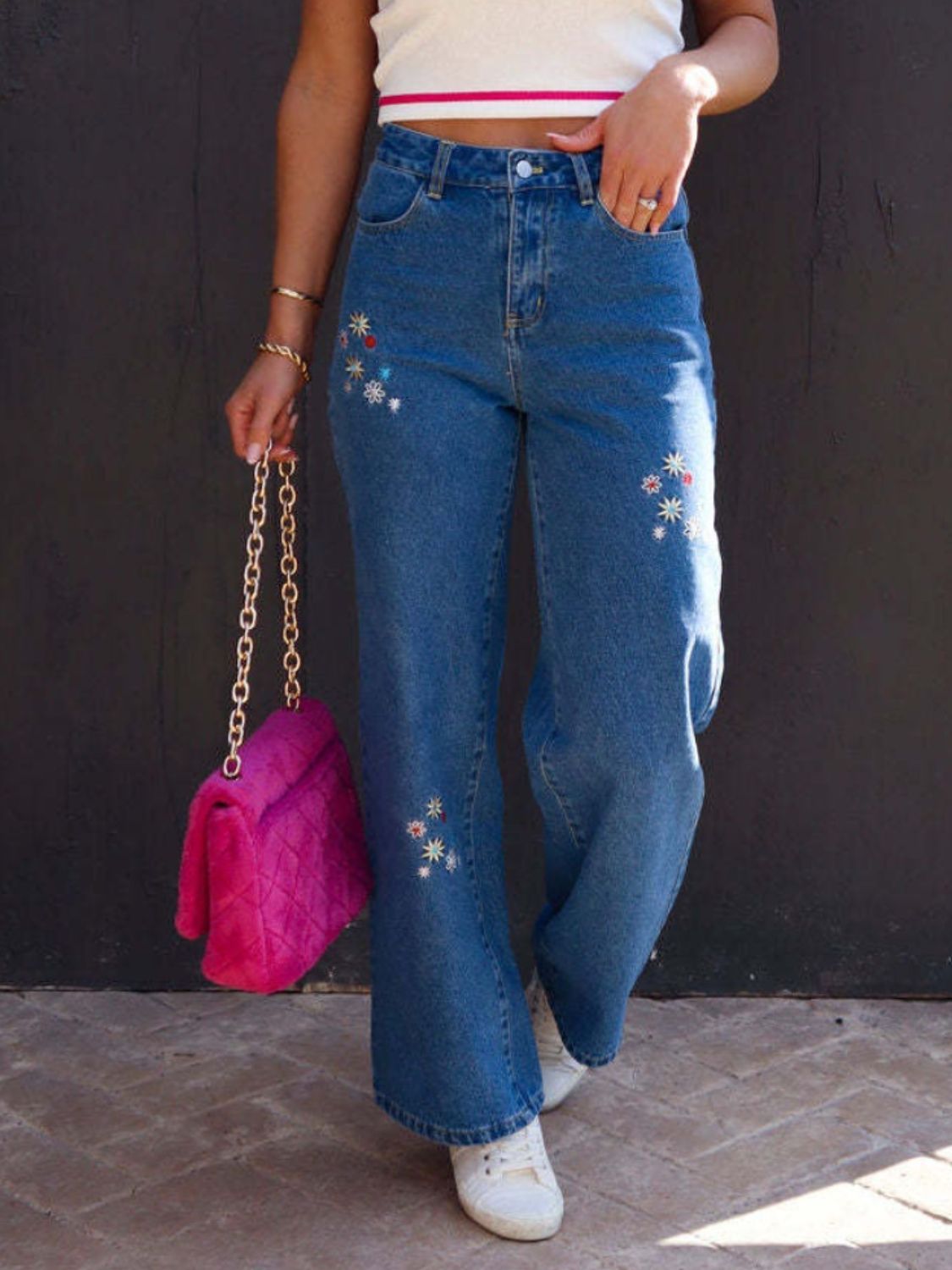 Embroidered Straight Jeans with Pockets - Loulou Boutique