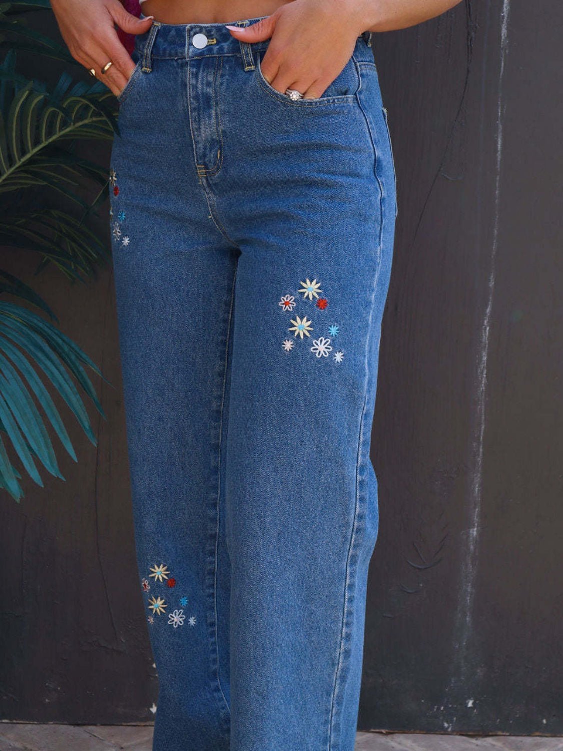 Embroidered Straight Jeans with Pockets - Loulou Boutique