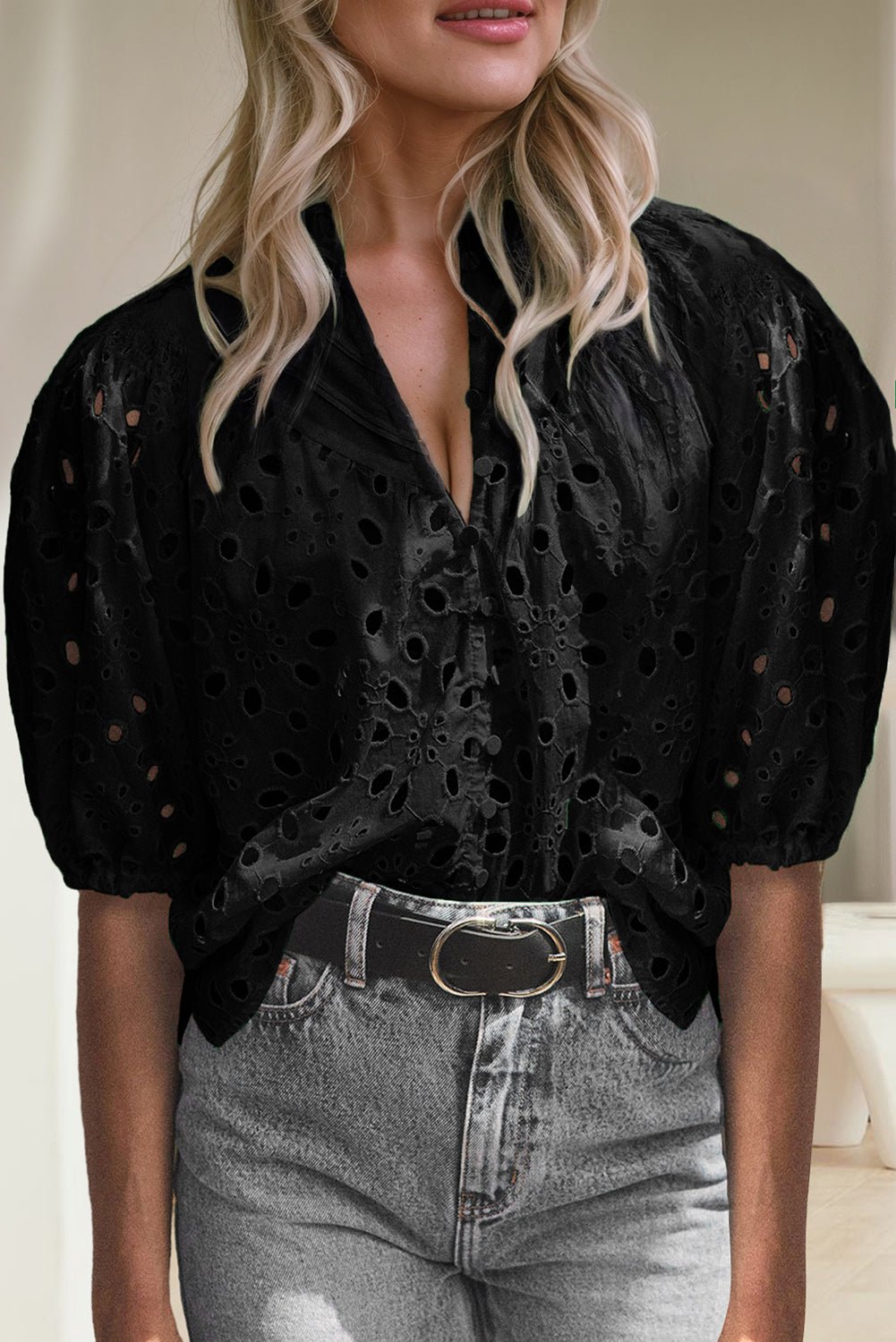 Eyelet Button Up Half Sleeve Blouse - Loulou Boutique