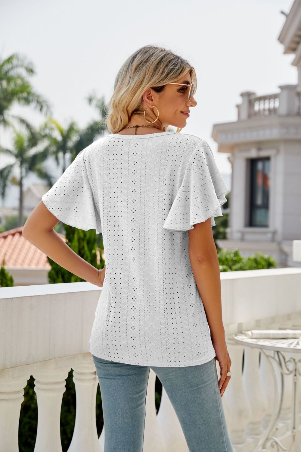 Eyelet Flutter Sleeve Round Neck Top - Loulou Boutique