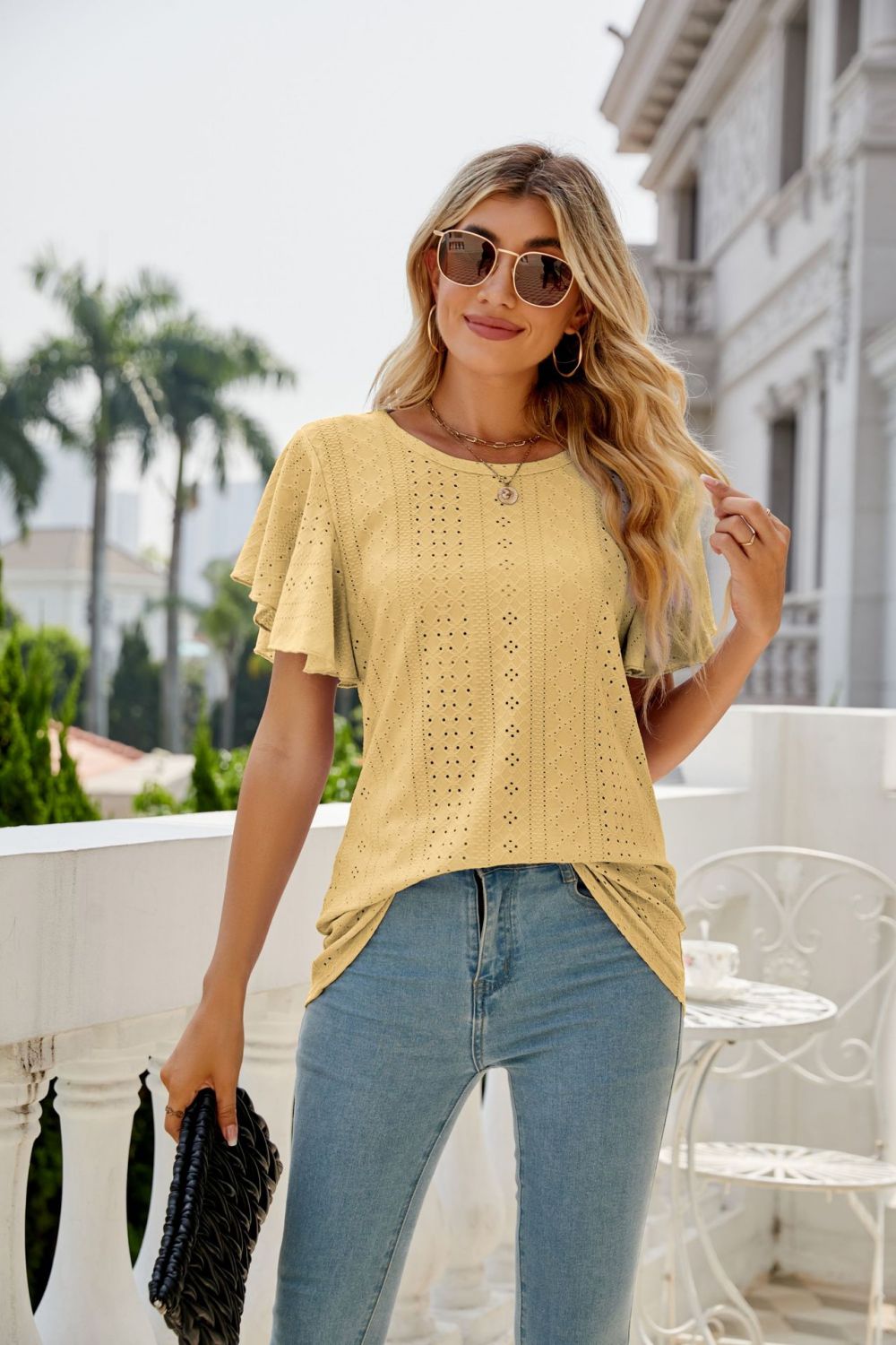 Eyelet Flutter Sleeve Round Neck Top - Loulou Boutique