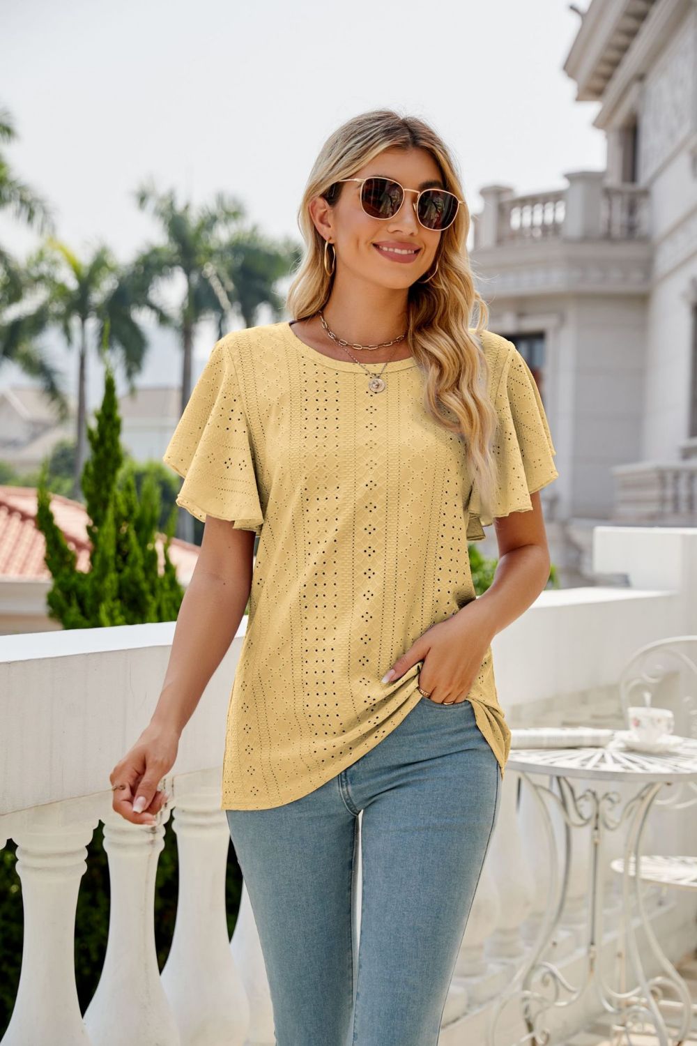 Eyelet Flutter Sleeve Round Neck Top - Loulou Boutique