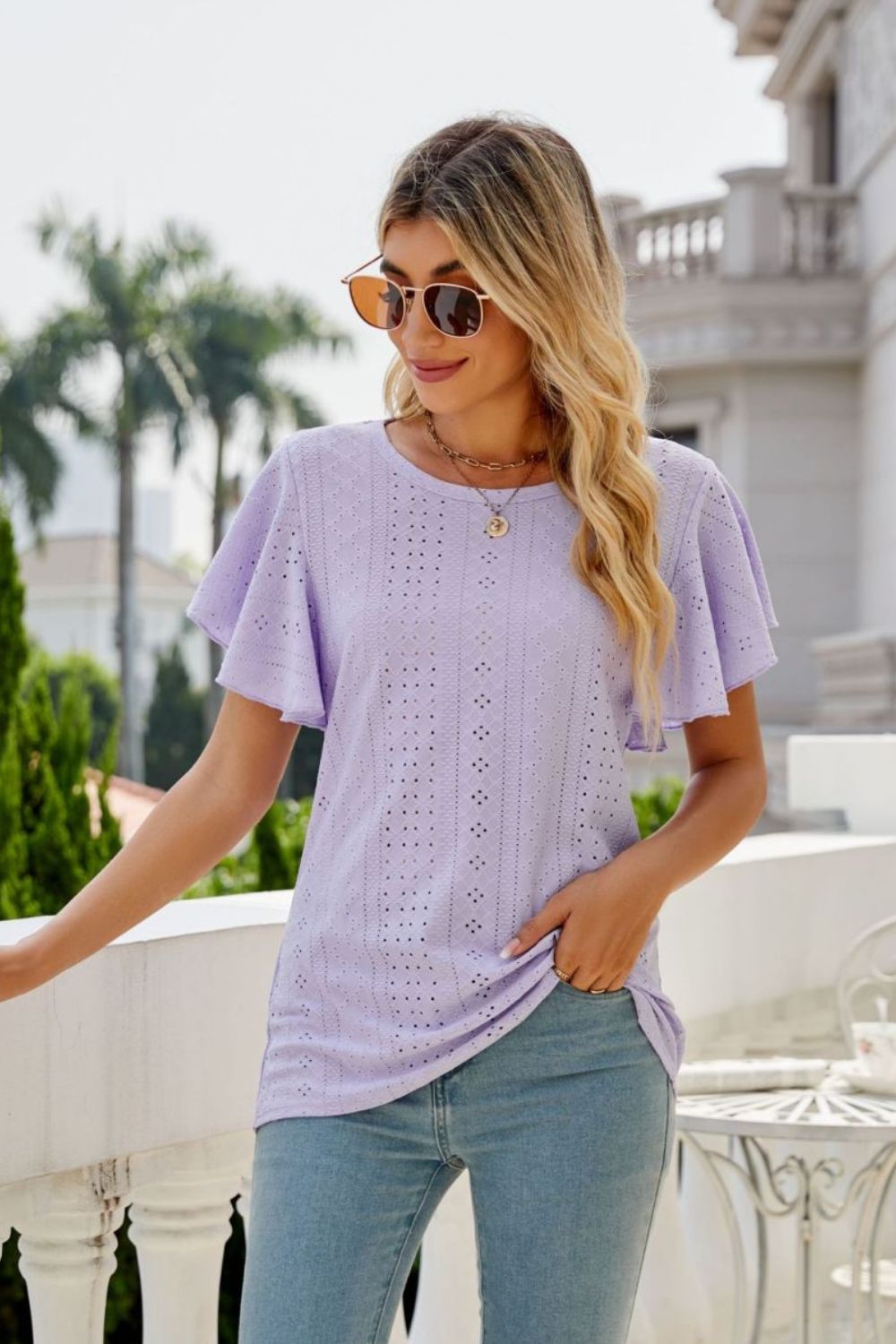 Eyelet Flutter Sleeve Round Neck Top - Loulou Boutique