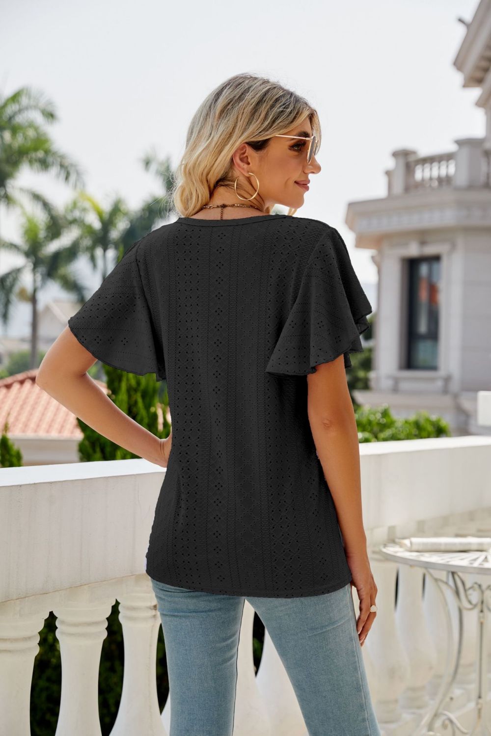 Eyelet Flutter Sleeve Round Neck Top - Loulou Boutique