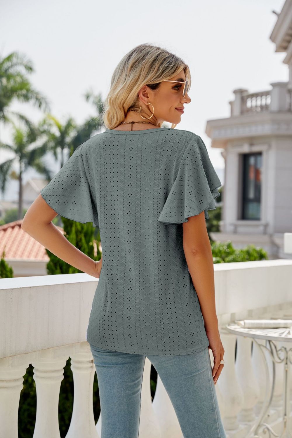 Eyelet Flutter Sleeve Round Neck Top - Loulou Boutique