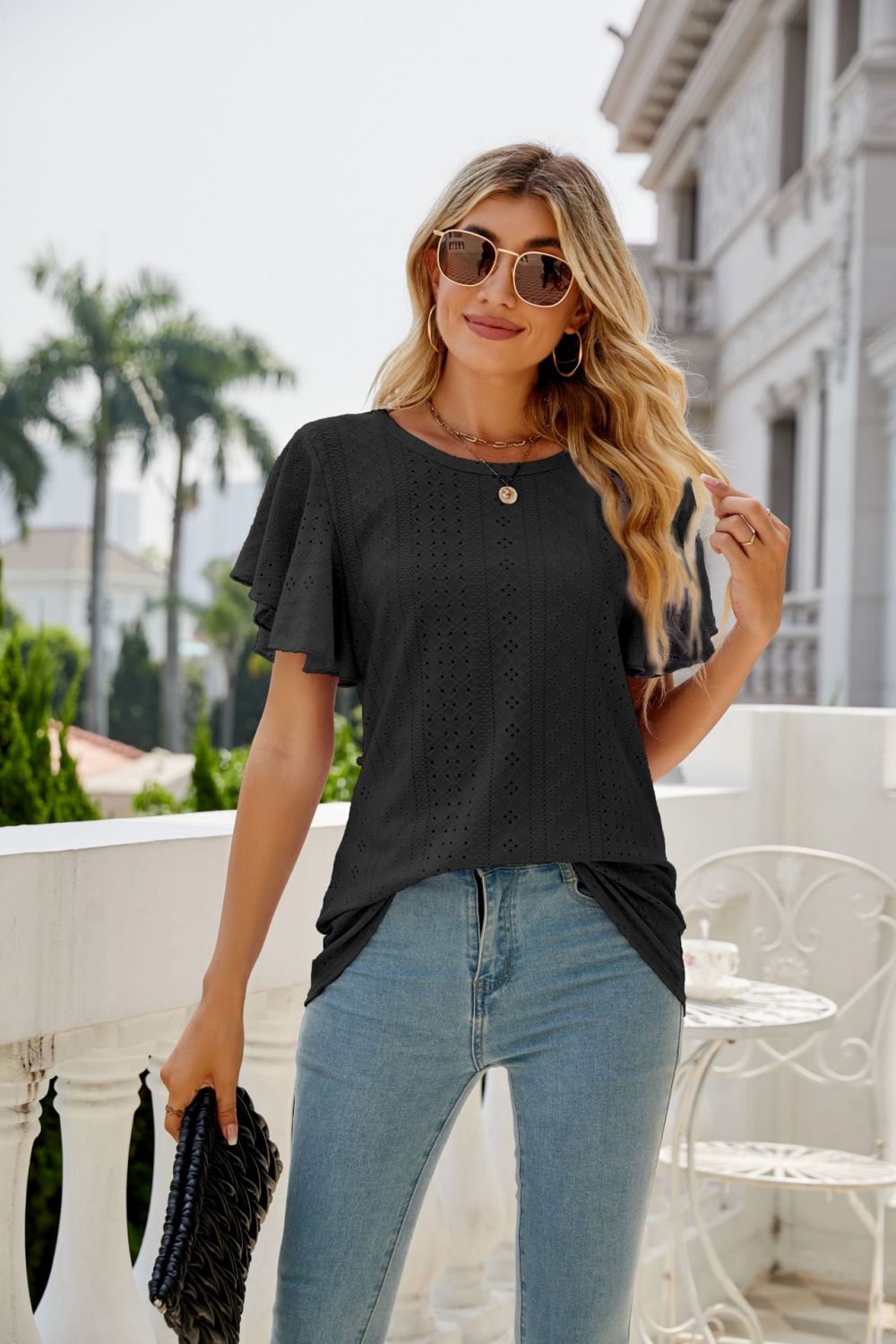 Eyelet Flutter Sleeve Round Neck Top - Loulou Boutique