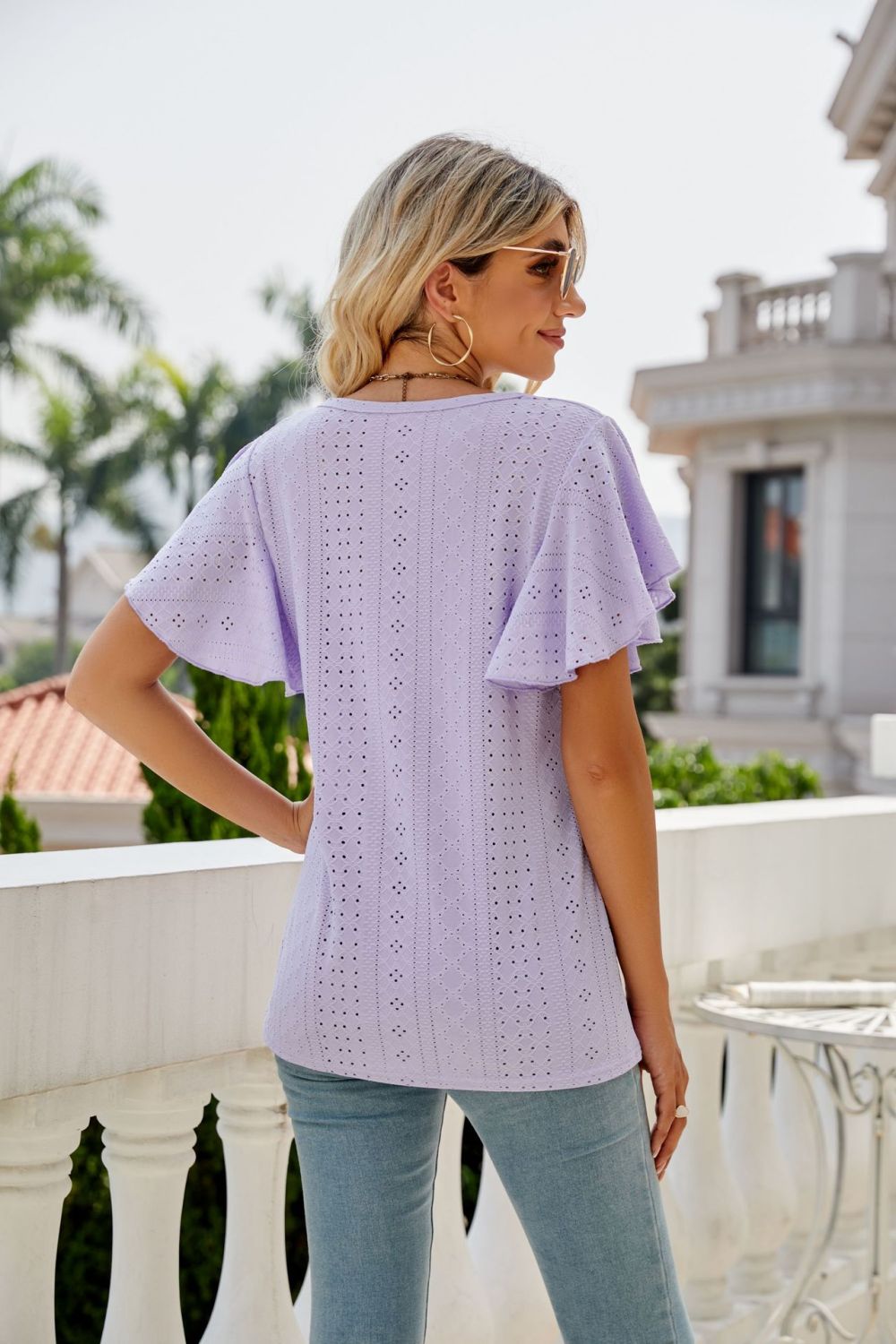 Eyelet Flutter Sleeve Round Neck Top - Loulou Boutique