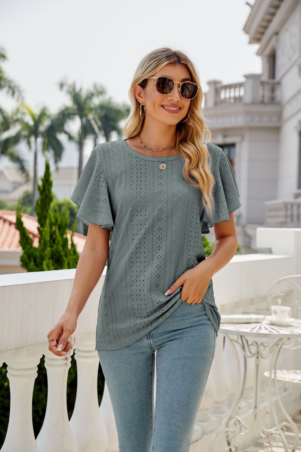 Eyelet Flutter Sleeve Round Neck Top - Loulou Boutique