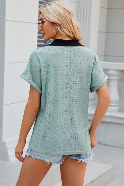 Eyelet Johnny Collar Short Sleeve T-Shirt - Loulou Boutique