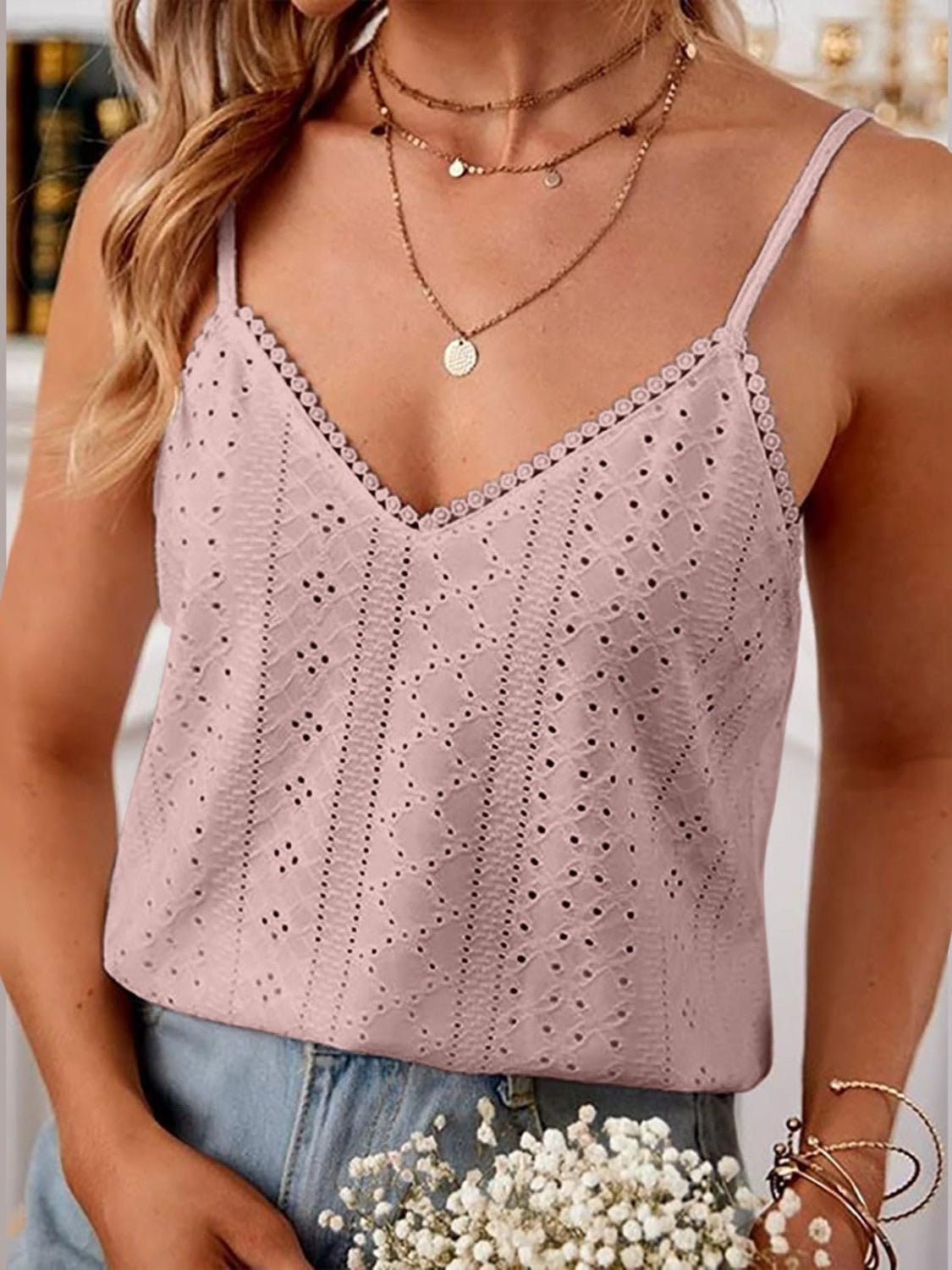 Eyelet Lace Detail V - Neck Cami - Loulou Boutique