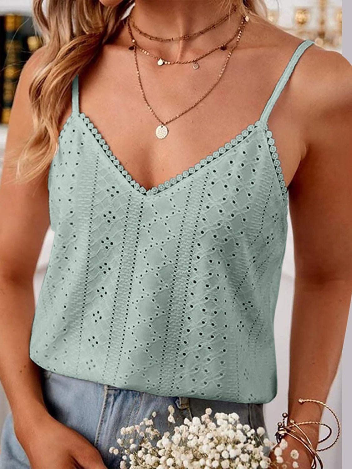 Eyelet Lace Detail V - Neck Cami - Loulou Boutique