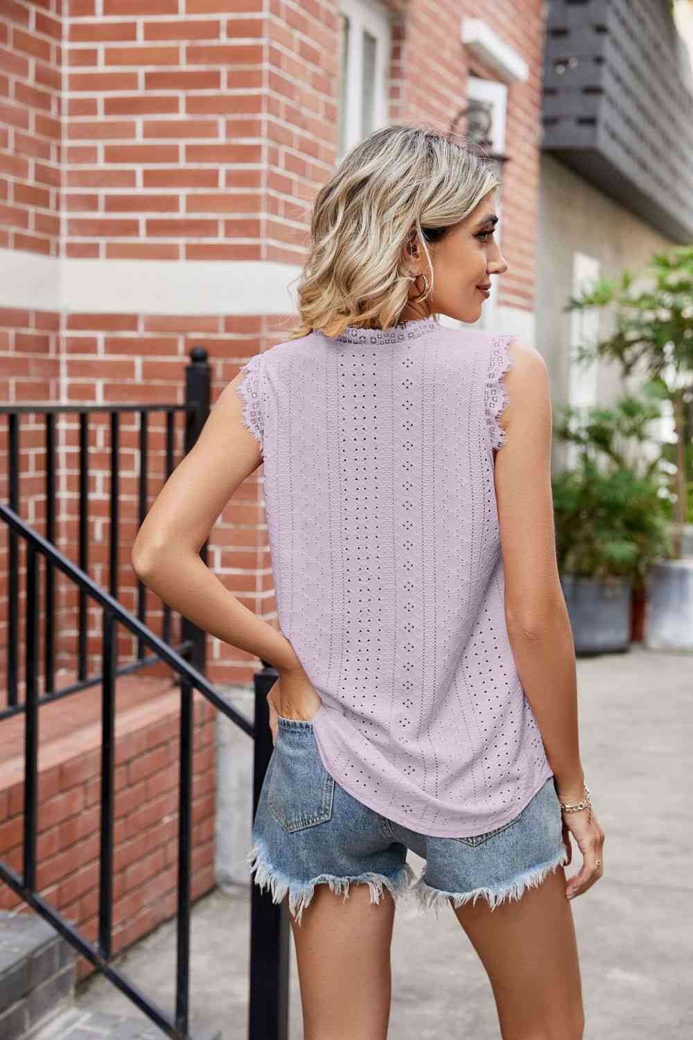 Eyelet Lace Trim Eyelash V - Neck Tank - Loulou Boutique