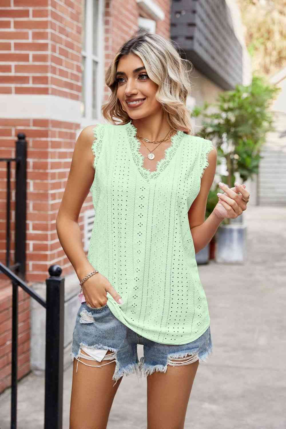 Eyelet Lace Trim Eyelash V - Neck Tank - Loulou Boutique