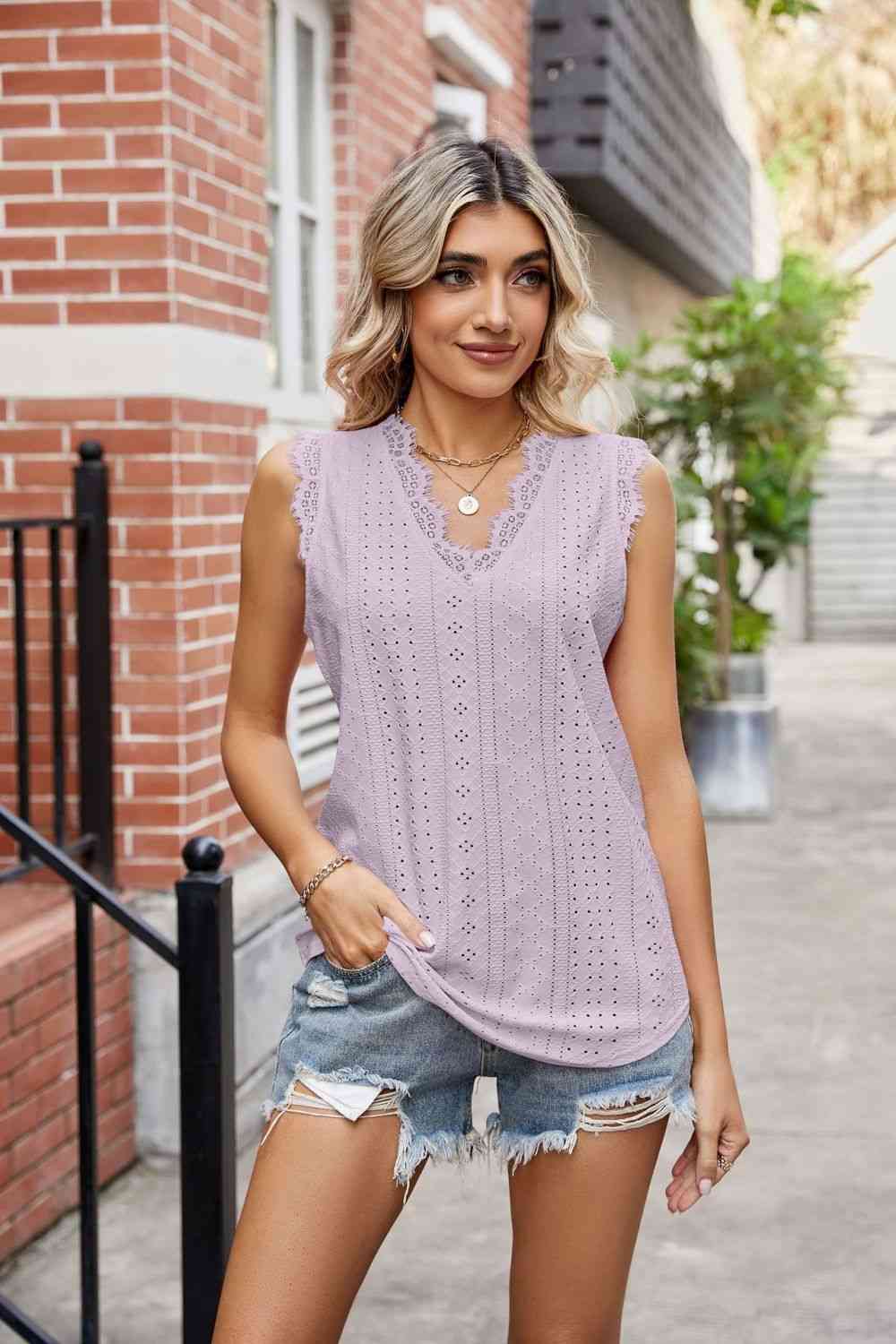 Eyelet Lace Trim Eyelash V - Neck Tank - Loulou Boutique