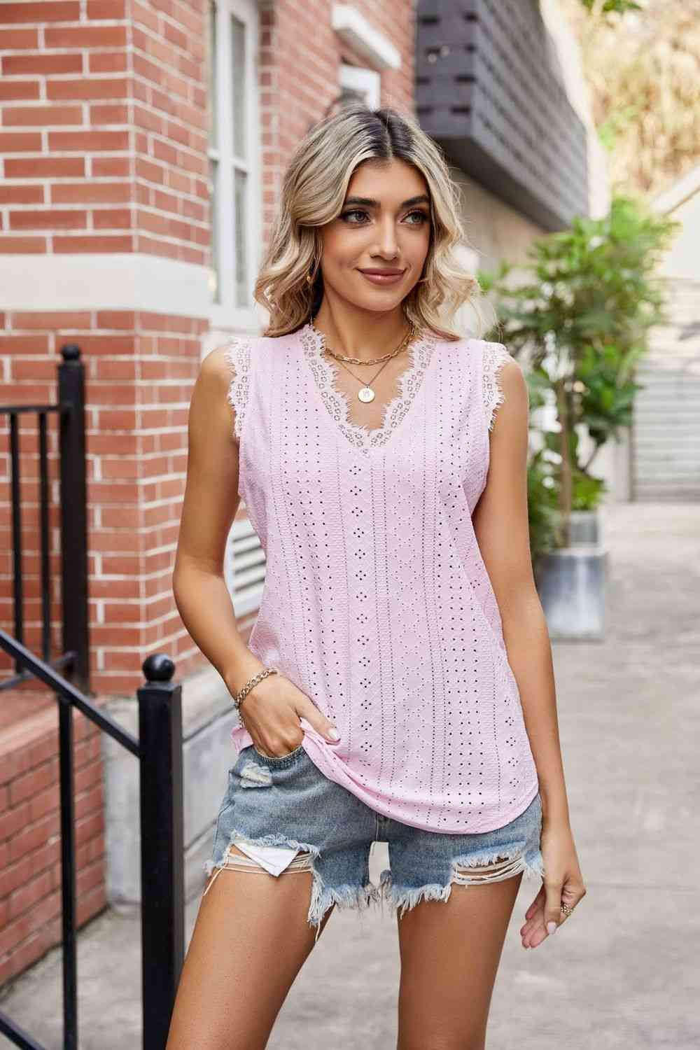 Eyelet Lace Trim Eyelash V - Neck Tank - Loulou Boutique