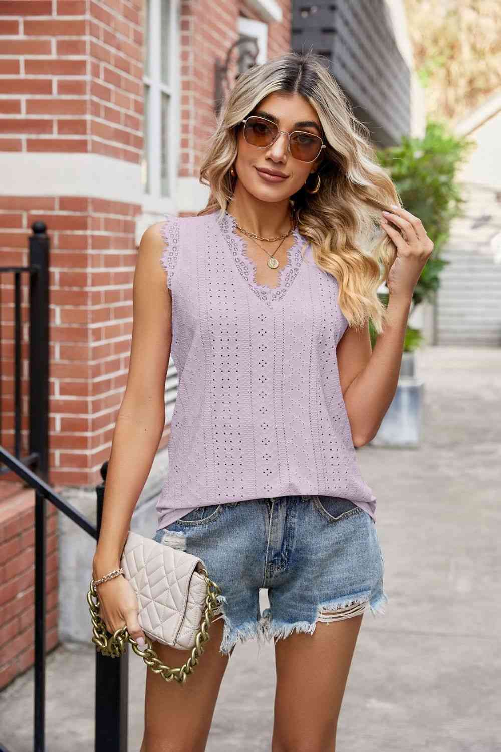 Eyelet Lace Trim Eyelash V - Neck Tank - Loulou Boutique